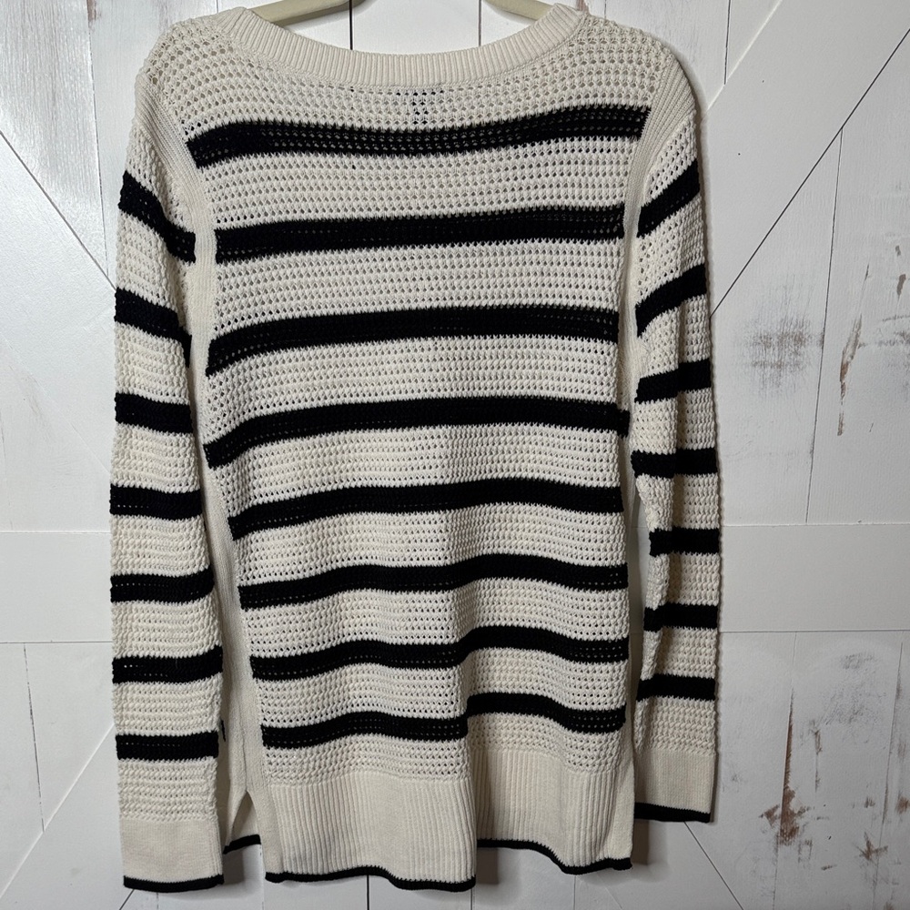 Talbots Black & Cream Open Weave Striped Crewneck Sweater - Picture 8 of 10